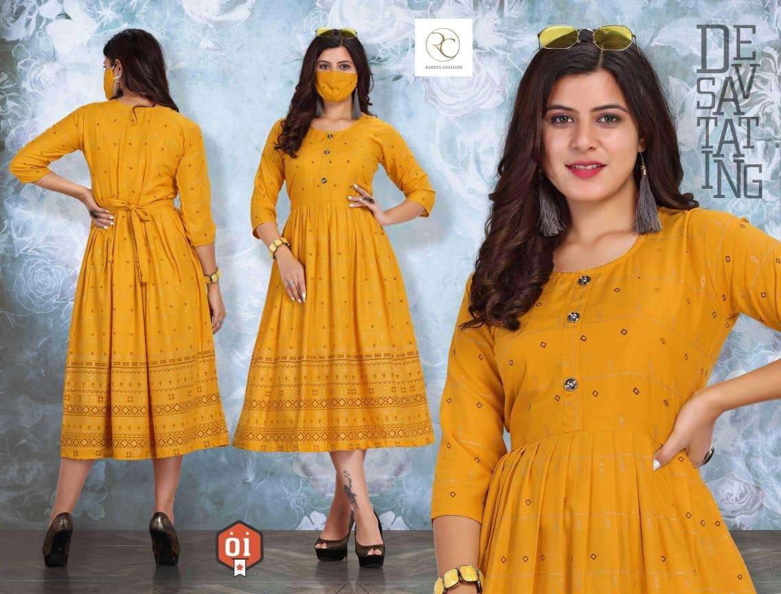 GOLDY BY RC 01 TO 08 SERIES BEAUTIFUL STYLISH FANCY COLORFUL CASUAL WEAR & ETHNIC WEAR HEAVY RAYON PRINT KURTIS AT WHOLESALE PRICE