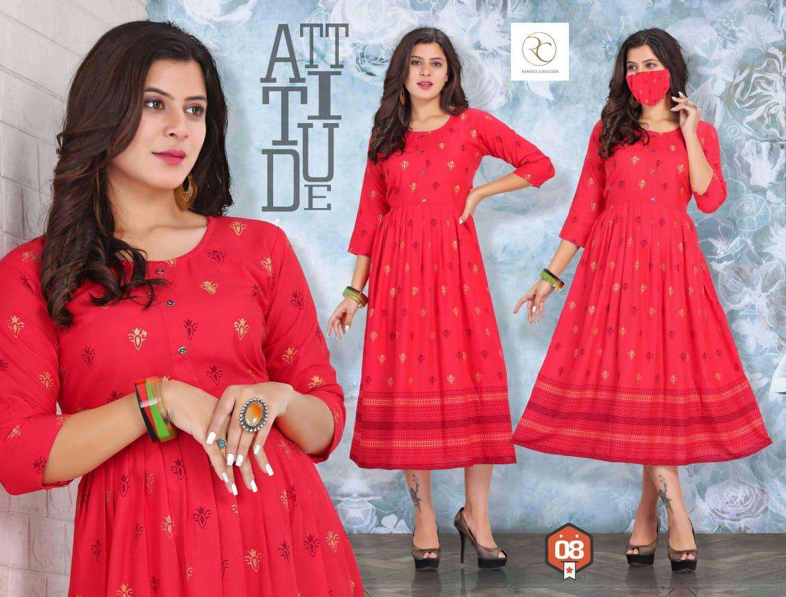 GOLDY BY RC 01 TO 08 SERIES BEAUTIFUL STYLISH FANCY COLORFUL CASUAL WEAR & ETHNIC WEAR HEAVY RAYON PRINT KURTIS AT WHOLESALE PRICE