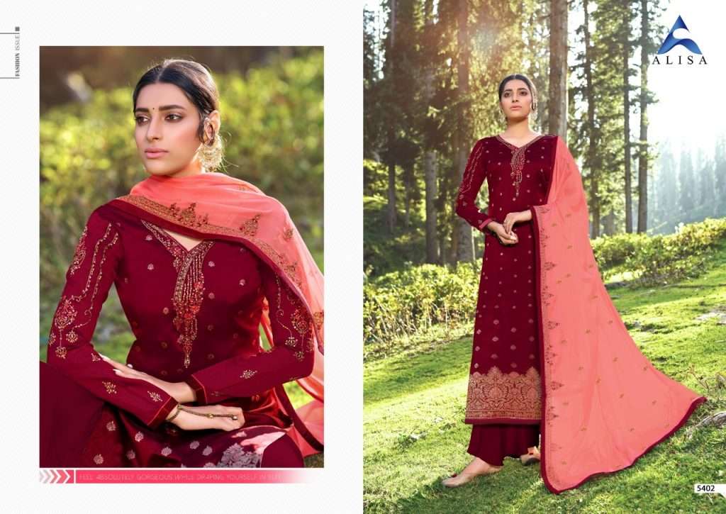 MAHERA BY ALISA 5401 TO 5406 SERIES DESIGNER SHARARA SUITS BEAUTIFUL STYLISH FANCY COLORFUL PARTY WEAR & OCCASIONAL WEAR JACQUARD SILK HANDWORK DRESSES AT WHOLESALE PRICE