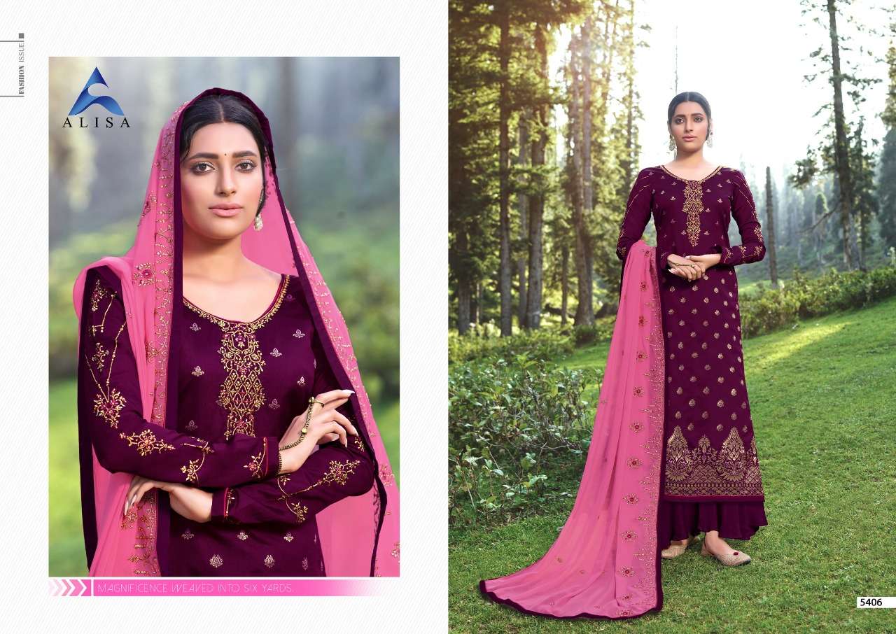 MAHERA BY ALISA 5401 TO 5406 SERIES DESIGNER SHARARA SUITS BEAUTIFUL STYLISH FANCY COLORFUL PARTY WEAR & OCCASIONAL WEAR JACQUARD SILK HANDWORK DRESSES AT WHOLESALE PRICE