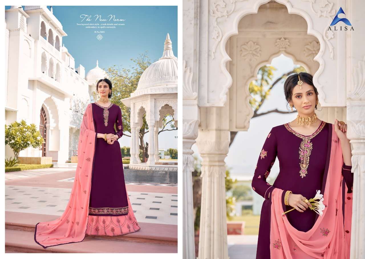KIARA VOL-5 BY ALISA 5601 TO 5606 SERIES DESIGNER SHARARA SUITS BEAUTIFUL STYLISH FANCY COLORFUL PARTY WEAR & OCCASIONAL WEAR HEAVY SATIN GEORGETTE EMBROIDERED DRESSES AT WHOLESALE PRICE