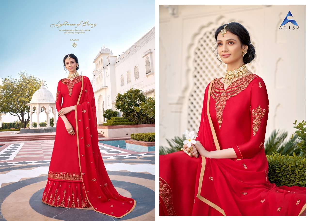 KIARA VOL-5 BY ALISA 5601 TO 5606 SERIES DESIGNER SHARARA SUITS BEAUTIFUL STYLISH FANCY COLORFUL PARTY WEAR & OCCASIONAL WEAR HEAVY SATIN GEORGETTE EMBROIDERED DRESSES AT WHOLESALE PRICE
