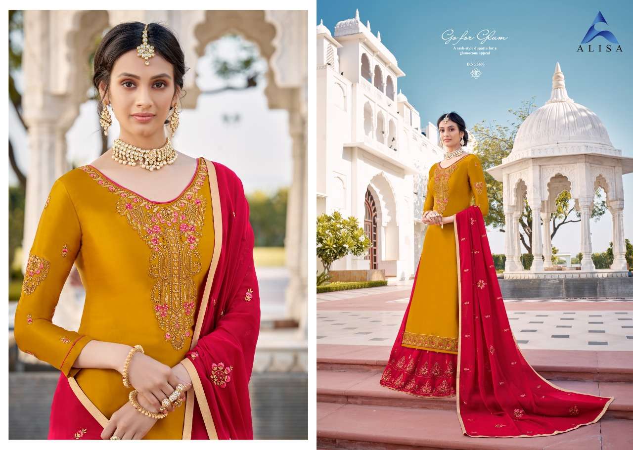 KIARA VOL-5 BY ALISA 5601 TO 5606 SERIES DESIGNER SHARARA SUITS BEAUTIFUL STYLISH FANCY COLORFUL PARTY WEAR & OCCASIONAL WEAR HEAVY SATIN GEORGETTE EMBROIDERED DRESSES AT WHOLESALE PRICE