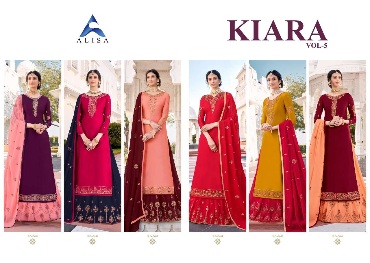 KIARA VOL-5 BY ALISA 5601 TO 5606 SERIES DESIGNER SHARARA SUITS BEAUTIFUL STYLISH FANCY COLORFUL PARTY WEAR & OCCASIONAL WEAR HEAVY SATIN GEORGETTE EMBROIDERED DRESSES AT WHOLESALE PRICE