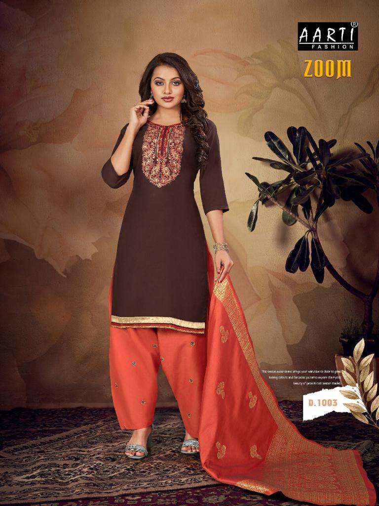 ZOOM BY AARTI FASHION 1001 TO 1006 SERIES BEAUTIFUL SUITS STYLISH FANCY COLORFUL PARTY WEAR & OCCASIONAL WEAR RAYON COTTON EMBROIDERED DRESSES AT WHOLESALE PRICE