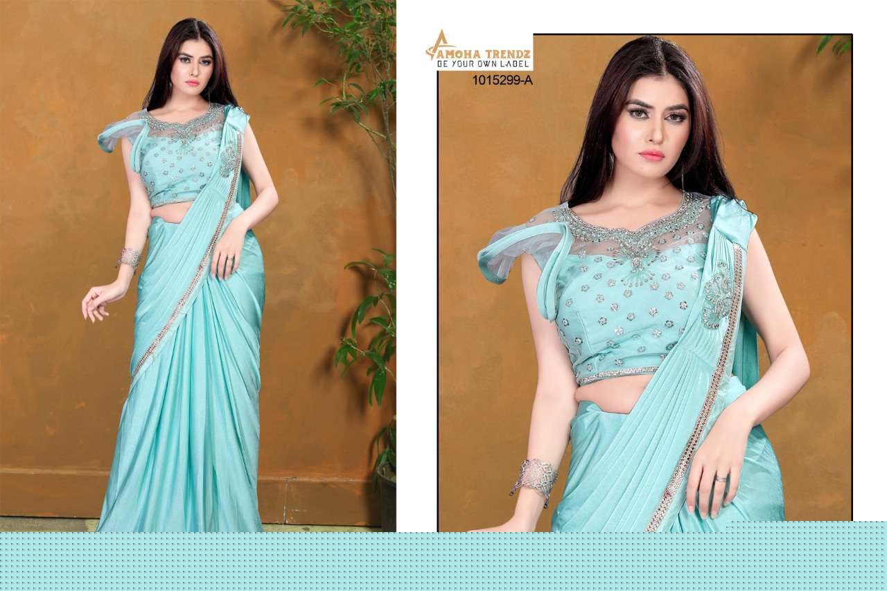 STITCHED SHAAM 1015299 BY AMOHA TRENDZ 1015299-A TO 1015299-D SERIES INDIAN TRADITIONAL WEAR COLLECTION BEAUTIFUL STYLISH FANCY COLORFUL PARTY WEAR & OCCASIONAL WEAR FANCY SAREES AT WHOLESALE PRICE