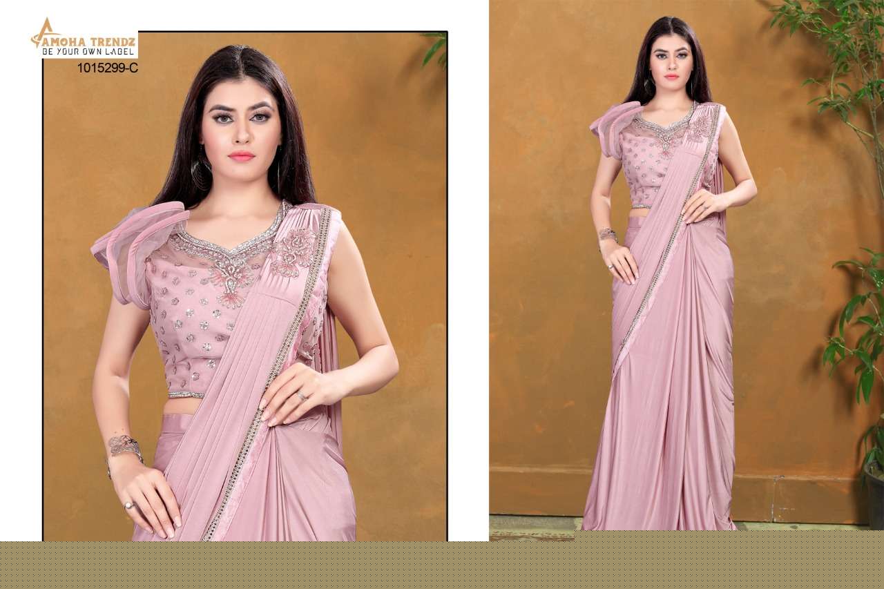 STITCHED SHAAM 1015299 BY AMOHA TRENDZ 1015299-A TO 1015299-D SERIES INDIAN TRADITIONAL WEAR COLLECTION BEAUTIFUL STYLISH FANCY COLORFUL PARTY WEAR & OCCASIONAL WEAR FANCY SAREES AT WHOLESALE PRICE