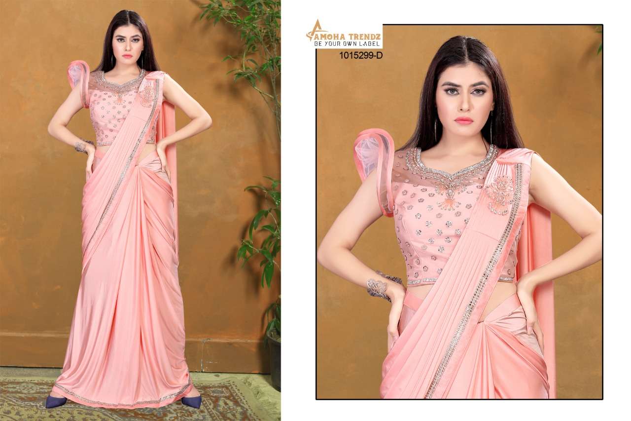 STITCHED SHAAM 1015299 BY AMOHA TRENDZ 1015299-A TO 1015299-D SERIES INDIAN TRADITIONAL WEAR COLLECTION BEAUTIFUL STYLISH FANCY COLORFUL PARTY WEAR & OCCASIONAL WEAR FANCY SAREES AT WHOLESALE PRICE