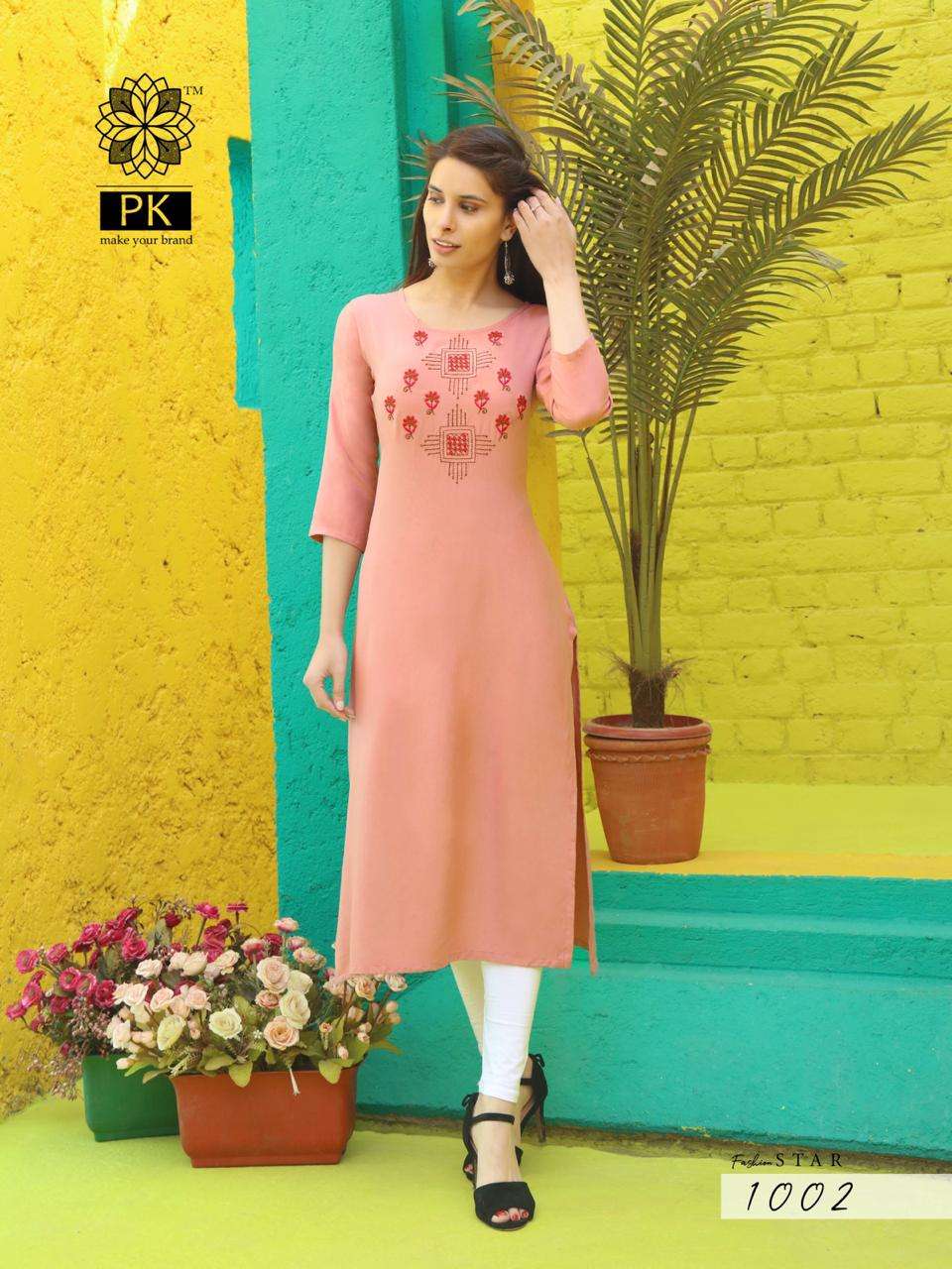 FASHION STAR VOL-1 BY PK 1001 TO 1010 SERIES BEAUTIFUL STYLISH COLORFUL FANCY PARTY WEAR & ETHNIC WEAR & READY TO WEAR HEAVY RAYON EMBROIDERED KURTIS AT WHOLESALE PRICE