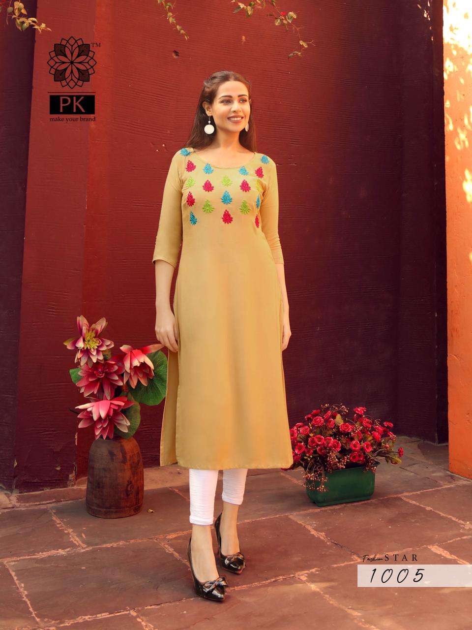 FASHION STAR VOL-1 BY PK 1001 TO 1010 SERIES BEAUTIFUL STYLISH COLORFUL FANCY PARTY WEAR & ETHNIC WEAR & READY TO WEAR HEAVY RAYON EMBROIDERED KURTIS AT WHOLESALE PRICE