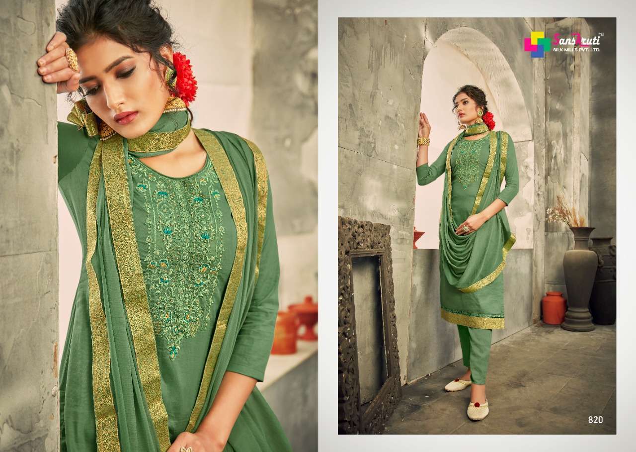 SARAH BY SANSKRUTI SILK MILLS 819 TO 824 SERIES DESIGNER SUITS BEAUTIFUL STYLISH FANCY COLORFUL PARTY WEAR & OCCASIONAL WEAR PURE JAM SILK EMBROIDERED DRESSES AT WHOLESALE PRICE