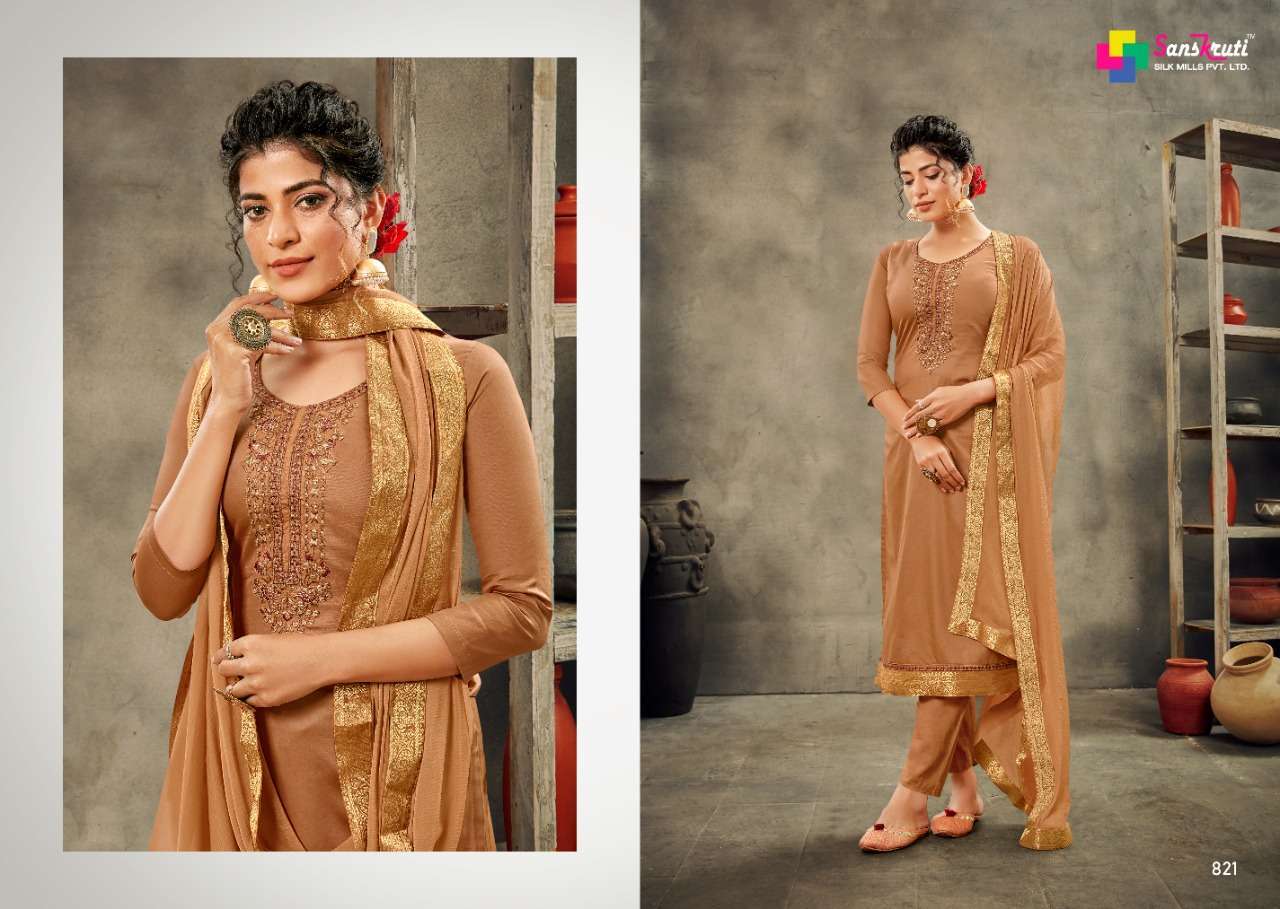 SARAH BY SANSKRUTI SILK MILLS 819 TO 824 SERIES DESIGNER SUITS BEAUTIFUL STYLISH FANCY COLORFUL PARTY WEAR & OCCASIONAL WEAR PURE JAM SILK EMBROIDERED DRESSES AT WHOLESALE PRICE