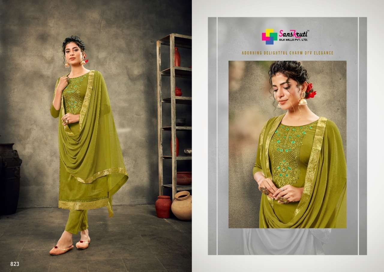 SARAH BY SANSKRUTI SILK MILLS 819 TO 824 SERIES DESIGNER SUITS BEAUTIFUL STYLISH FANCY COLORFUL PARTY WEAR & OCCASIONAL WEAR PURE JAM SILK EMBROIDERED DRESSES AT WHOLESALE PRICE