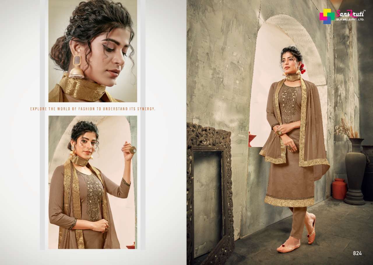 SARAH BY SANSKRUTI SILK MILLS 819 TO 824 SERIES DESIGNER SUITS BEAUTIFUL STYLISH FANCY COLORFUL PARTY WEAR & OCCASIONAL WEAR PURE JAM SILK EMBROIDERED DRESSES AT WHOLESALE PRICE