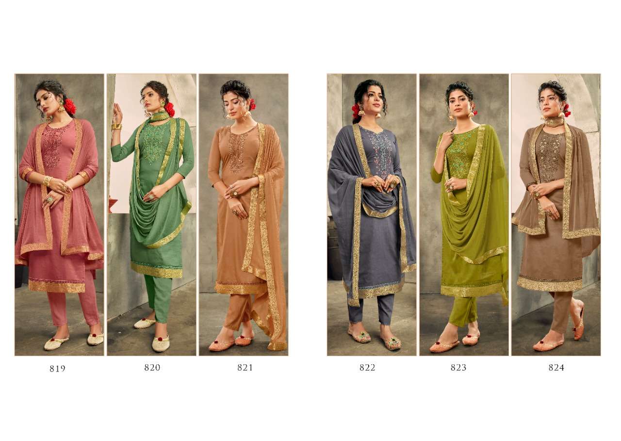 SARAH BY SANSKRUTI SILK MILLS 819 TO 824 SERIES DESIGNER SUITS BEAUTIFUL STYLISH FANCY COLORFUL PARTY WEAR & OCCASIONAL WEAR PURE JAM SILK EMBROIDERED DRESSES AT WHOLESALE PRICE