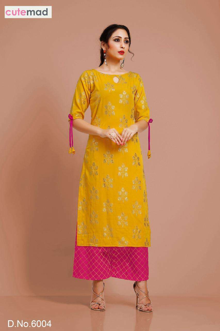 CUTEMAD VOL-6 BY CUTEMAD 6001 TO 6008 SERIES DESIGNER BEAUTIFUL STYLISH FANCY COLORFUL PARTY WEAR & OCCASIONAL WEAR MALAI CREPE KURTIS WITH BOTTOM AT WHOLESALE PRICE