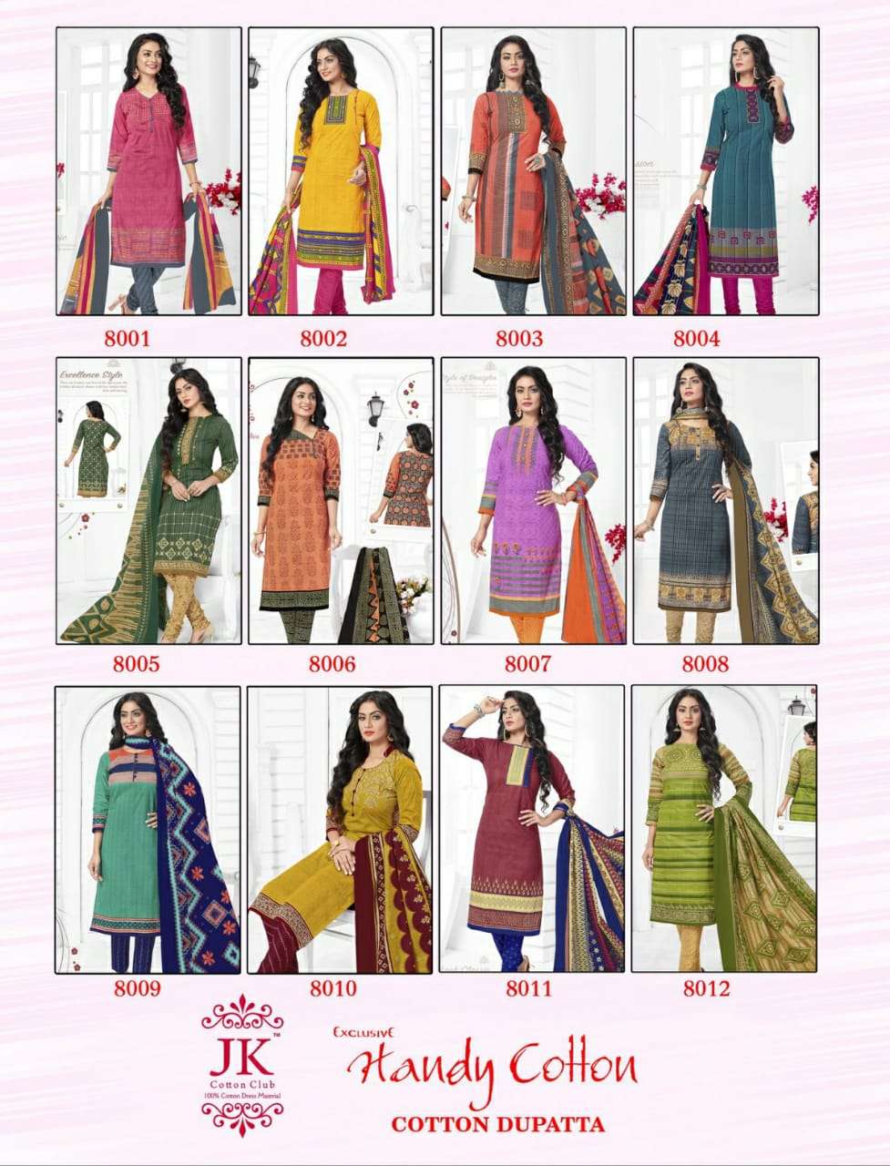 HANDY COTTON VOL-8 BY JK COTTON CLUB 8001 TO 8012 SERIES BEAUTIFUL SUITS STYLISH FANCY COLORFUL PARTY WEAR & OCCASIONAL WEAR PURE COTTON PRINTED DRESSES AT WHOLESALE PRICE
