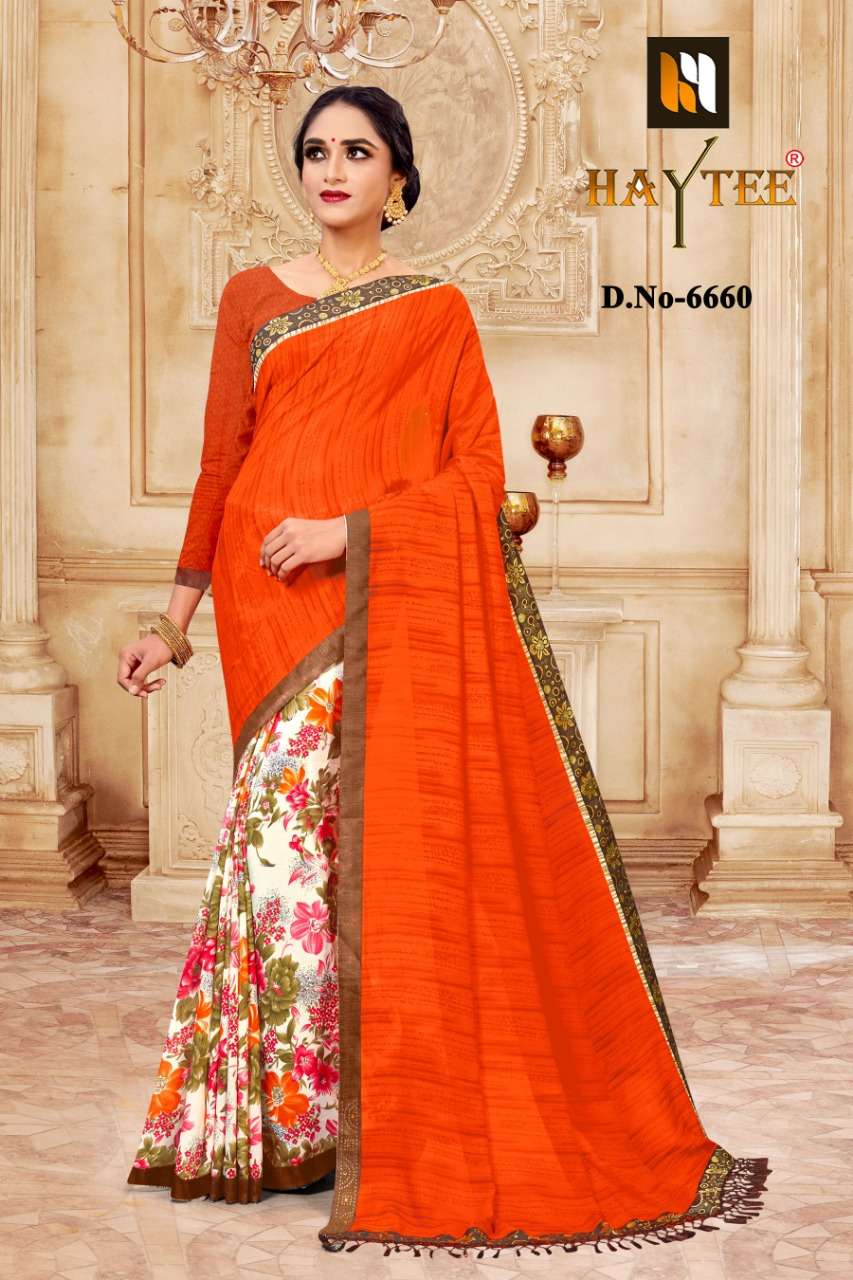 JODHA BY HAYTEE 6649 TO 6660 SERIES INDIAN TRADITIONAL WEAR COLLECTION BEAUTIFUL STYLISH FANCY COLORFUL PARTY WEAR & OCCASIONAL WEAR RENIAL PRINTED SAREES AT WHOLESALE PRICE