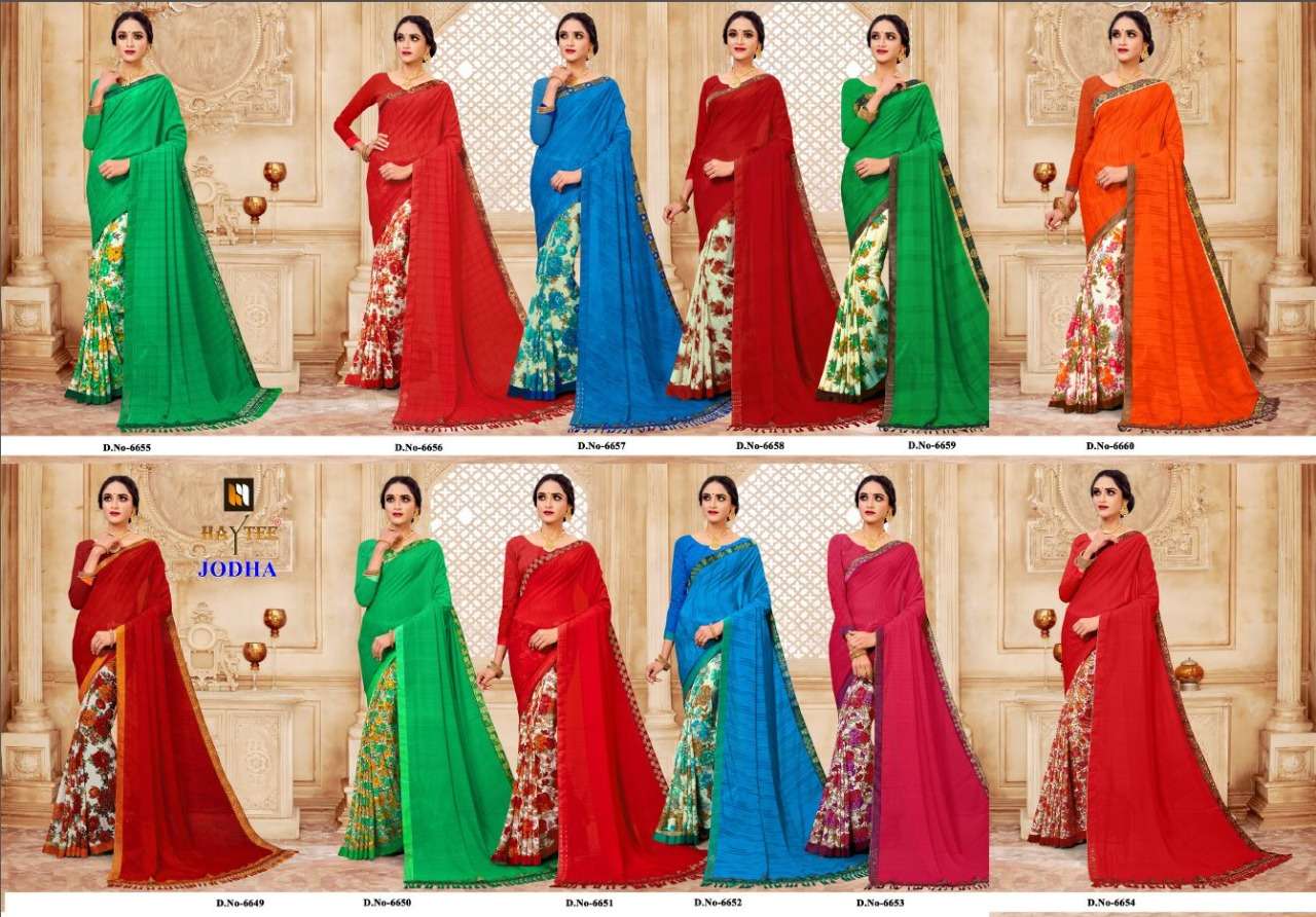 JODHA BY HAYTEE 6649 TO 6660 SERIES INDIAN TRADITIONAL WEAR COLLECTION BEAUTIFUL STYLISH FANCY COLORFUL PARTY WEAR & OCCASIONAL WEAR RENIAL PRINTED SAREES AT WHOLESALE PRICE