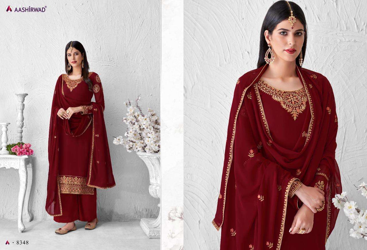 SAFFRON BY AASHIRWAD CREATION 8348 TO 8353 SERIES BEAUTIFUL STYLISH SHARARA SUITS FANCY COLORFUL CASUAL WEAR & ETHNIC WEAR & READY TO WEAR REAL GEORGETTE WITH EMBROIDERY DRESSES AT WHOLESALE PRICE
