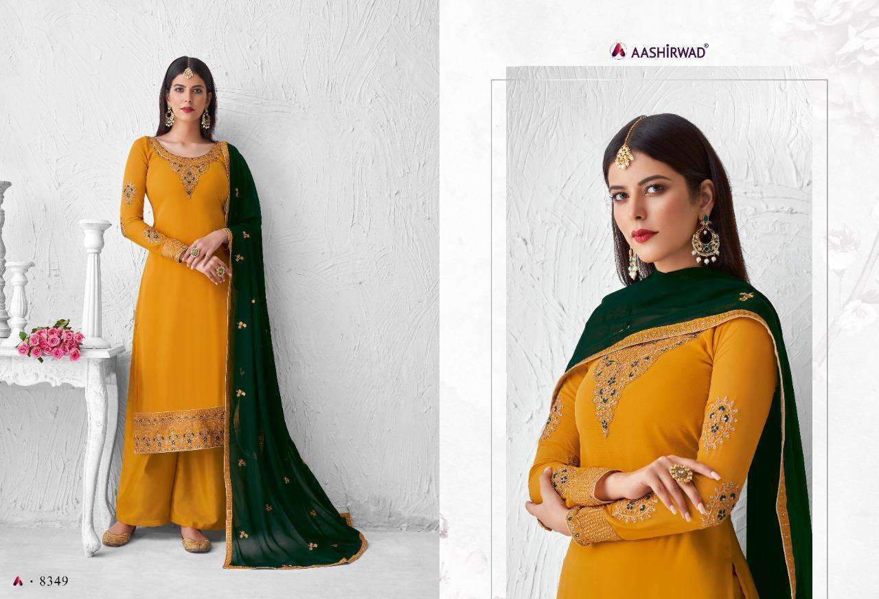 SAFFRON BY AASHIRWAD CREATION 8348 TO 8353 SERIES BEAUTIFUL STYLISH SHARARA SUITS FANCY COLORFUL CASUAL WEAR & ETHNIC WEAR & READY TO WEAR REAL GEORGETTE WITH EMBROIDERY DRESSES AT WHOLESALE PRICE