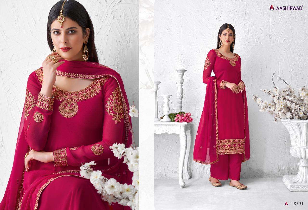 SAFFRON BY AASHIRWAD CREATION 8348 TO 8353 SERIES BEAUTIFUL STYLISH SHARARA SUITS FANCY COLORFUL CASUAL WEAR & ETHNIC WEAR & READY TO WEAR REAL GEORGETTE WITH EMBROIDERY DRESSES AT WHOLESALE PRICE