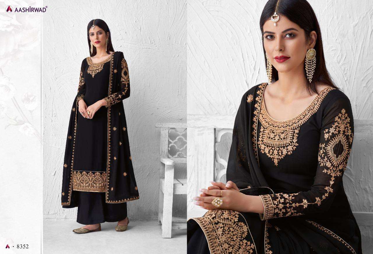 SAFFRON BY AASHIRWAD CREATION 8348 TO 8353 SERIES BEAUTIFUL STYLISH SHARARA SUITS FANCY COLORFUL CASUAL WEAR & ETHNIC WEAR & READY TO WEAR REAL GEORGETTE WITH EMBROIDERY DRESSES AT WHOLESALE PRICE