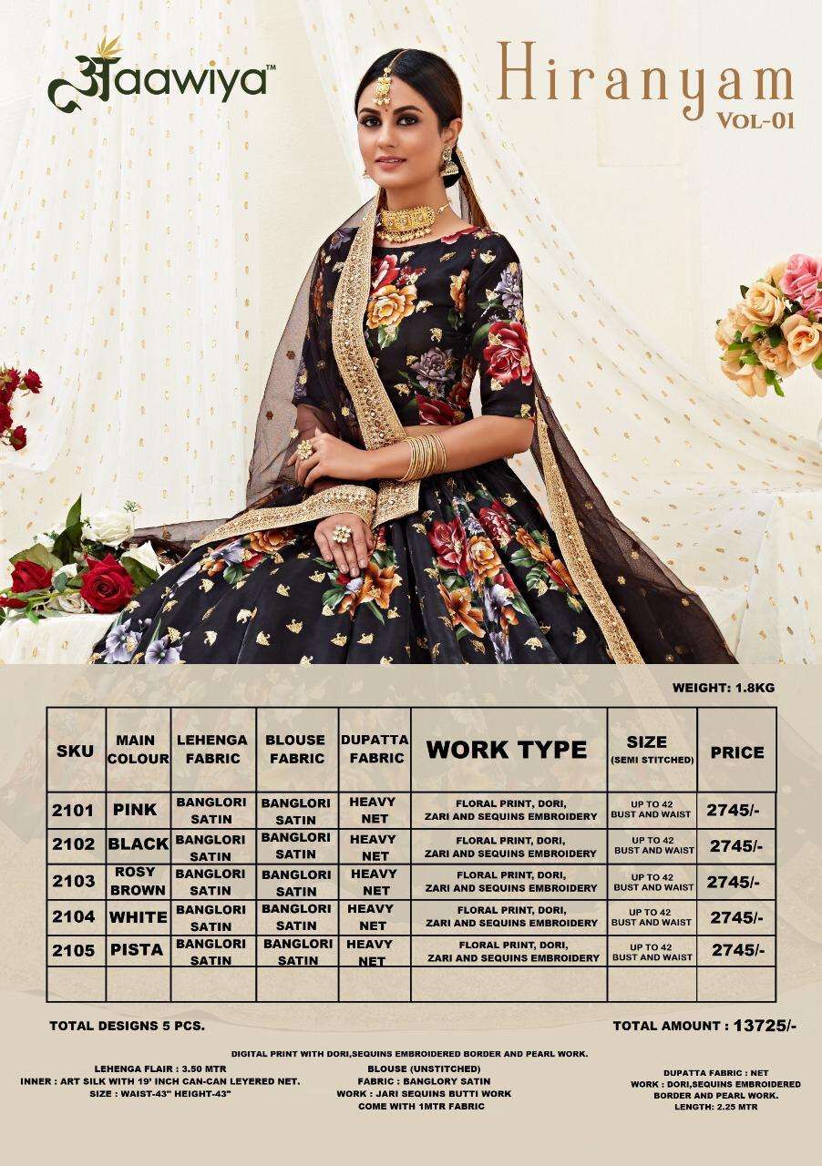 Hiranyam Vol-1 By Aawiya 2101 To 2105 Series Designer Beautiful Navratri Collection Occasional Wear & Party Wear Bangalori Satin Lehengas At Wholesale Price
