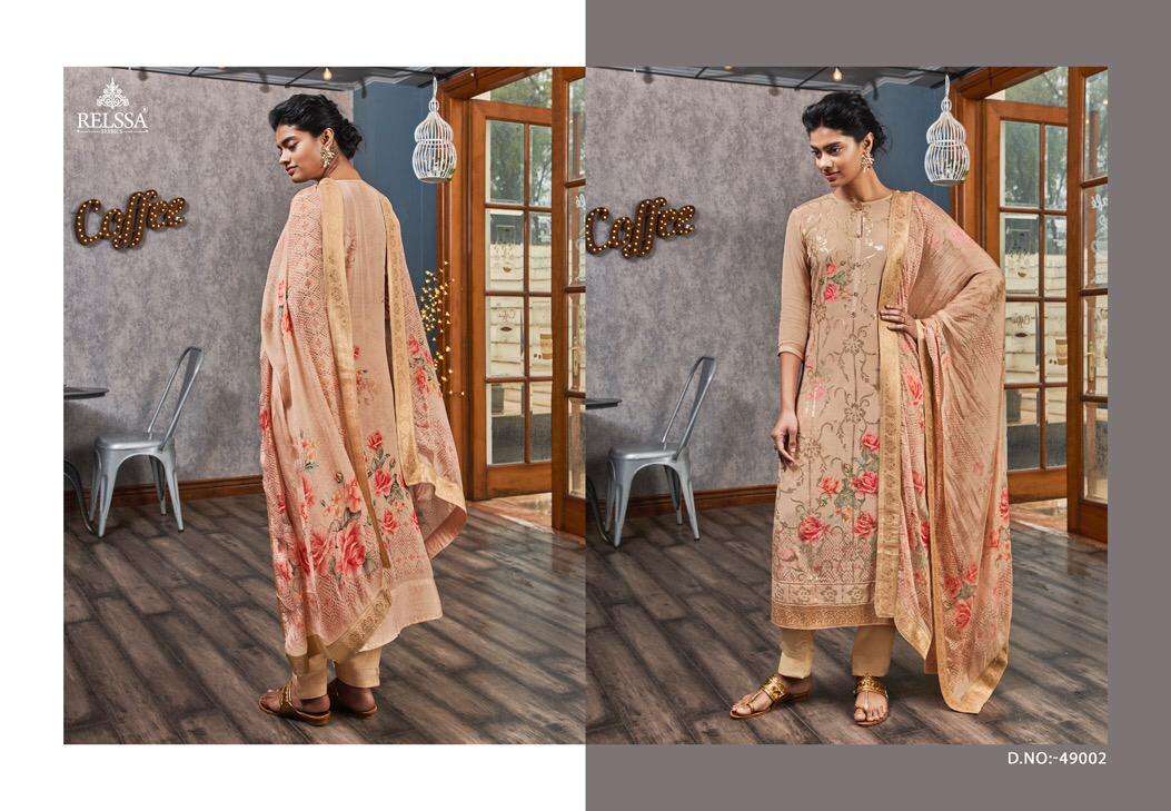 SUKANYA BY RELSSA FABRICS 49001 TO 49006 SERIES BEAUTIFUL SUITS STYLISH FANCY COLORFUL PARTY WEAR & OCCASIONAL WEAR PURE CREPE DIGITAL PRINTED DRESSES AT WHOLESALE PRICE