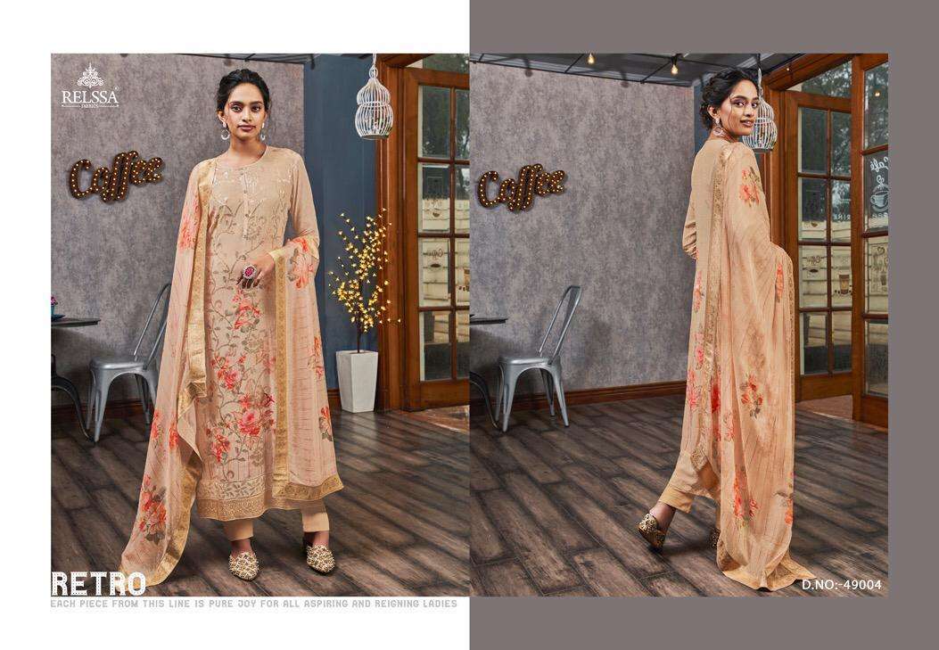 SUKANYA BY RELSSA FABRICS 49001 TO 49006 SERIES BEAUTIFUL SUITS STYLISH FANCY COLORFUL PARTY WEAR & OCCASIONAL WEAR PURE CREPE DIGITAL PRINTED DRESSES AT WHOLESALE PRICE