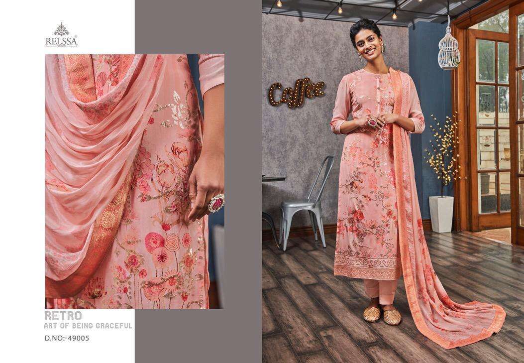 SUKANYA BY RELSSA FABRICS 49001 TO 49006 SERIES BEAUTIFUL SUITS STYLISH FANCY COLORFUL PARTY WEAR & OCCASIONAL WEAR PURE CREPE DIGITAL PRINTED DRESSES AT WHOLESALE PRICE