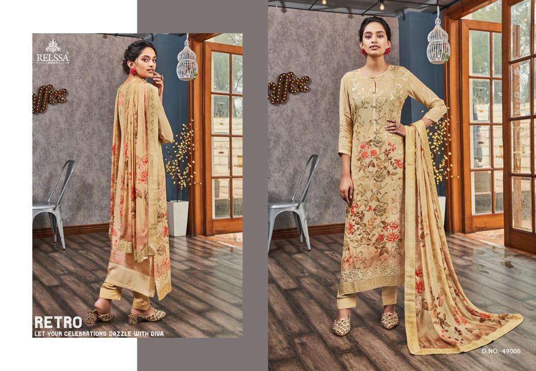 SUKANYA BY RELSSA FABRICS 49001 TO 49006 SERIES BEAUTIFUL SUITS STYLISH FANCY COLORFUL PARTY WEAR & OCCASIONAL WEAR PURE CREPE DIGITAL PRINTED DRESSES AT WHOLESALE PRICE
