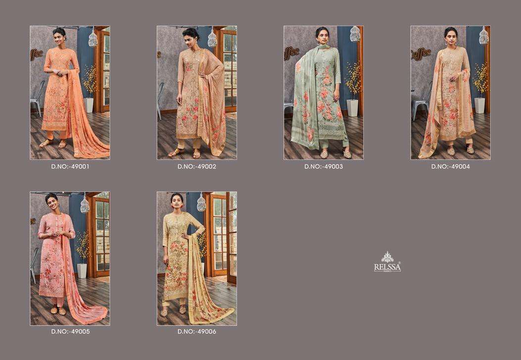 SUKANYA BY RELSSA FABRICS 49001 TO 49006 SERIES BEAUTIFUL SUITS STYLISH FANCY COLORFUL PARTY WEAR & OCCASIONAL WEAR PURE CREPE DIGITAL PRINTED DRESSES AT WHOLESALE PRICE