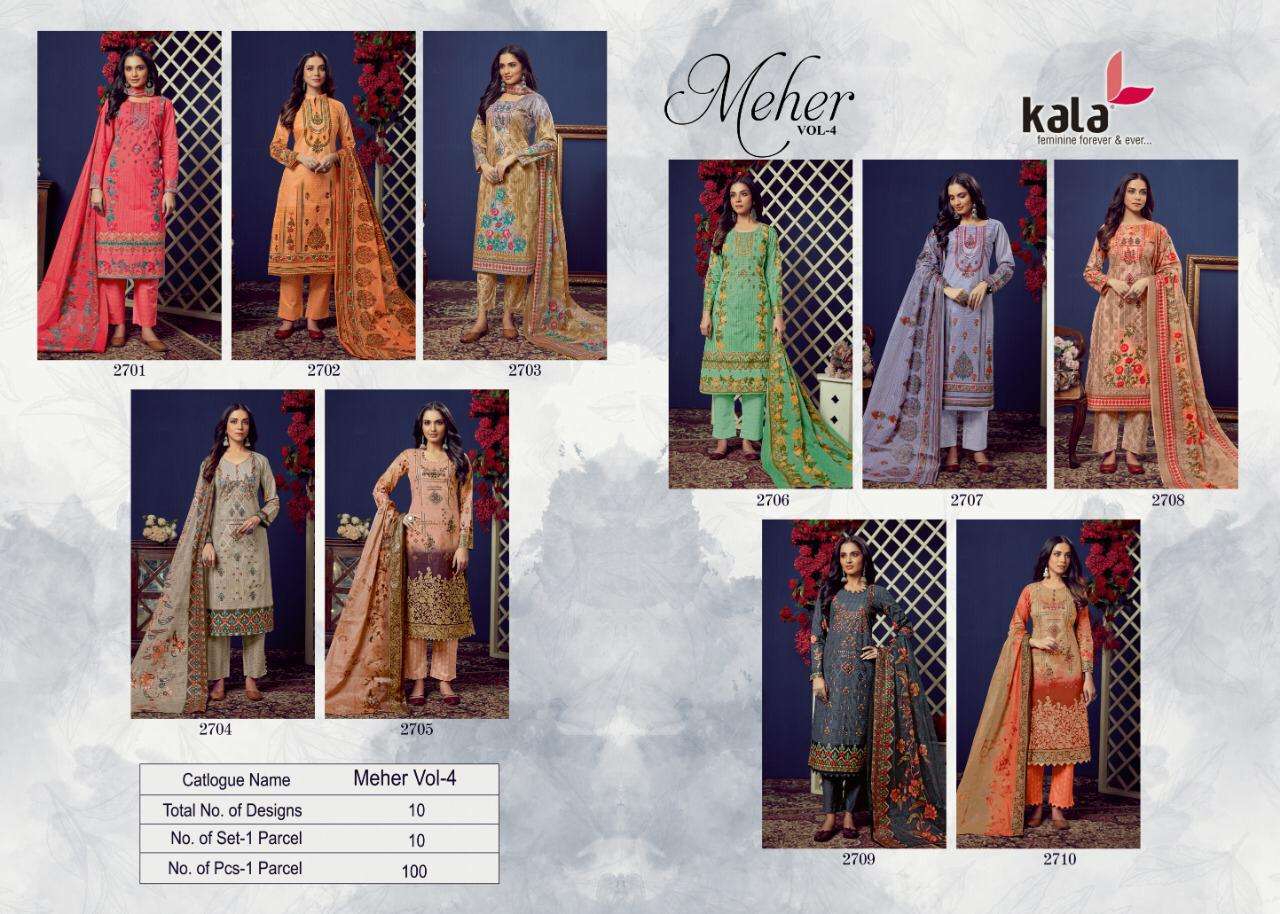 MEHER VOL-4 BY KALA 2701 TO 2710 SERIES BEAUTIFUL SUITS STYLISH FANCY COLORFUL PARTY WEAR & OCCASIONAL WEAR PURE PREMIUM COTTON DIGITAL PRINTED DRESSES AT WHOLESALE PRICE