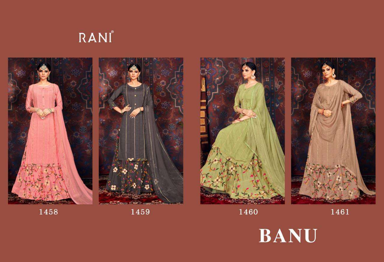 BANU BY RANI TRENDZ 1458 TO 1461 SERIES BEAUTIFUL STYLISH PATIALA SUITS FANCY COLORFUL CASUAL WEAR & ETHNIC WEAR & READY TO WEAR HEAVY CHINNON SILK DRESSES AT WHOLESALE PRICE