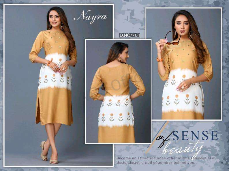 DIKSHA BY NAYRA 701 TO 706 SERIES STYLISH FANCY BEAUTIFUL COLORFUL CASUAL WEAR & ETHNIC WEAR RAYON HANDWORK KURTIS AT WHOLESALE PRICE