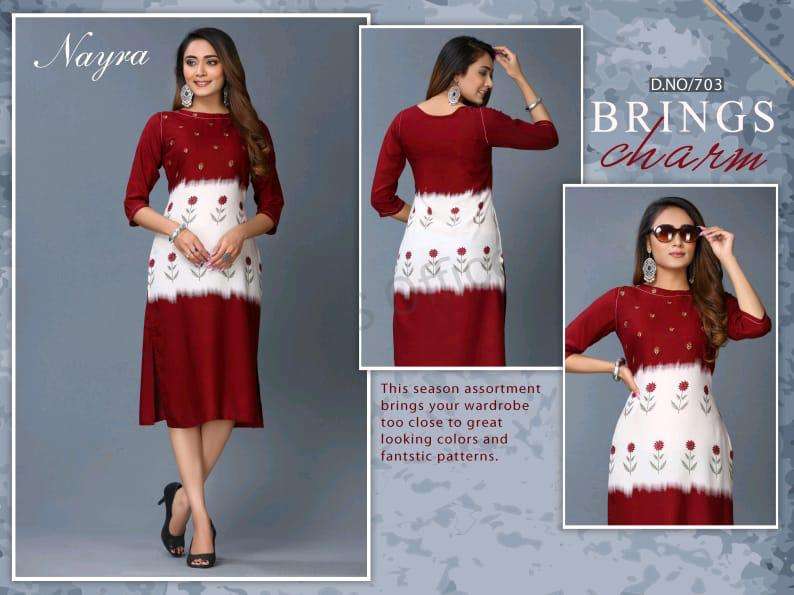 DIKSHA BY NAYRA 701 TO 706 SERIES STYLISH FANCY BEAUTIFUL COLORFUL CASUAL WEAR & ETHNIC WEAR RAYON HANDWORK KURTIS AT WHOLESALE PRICE