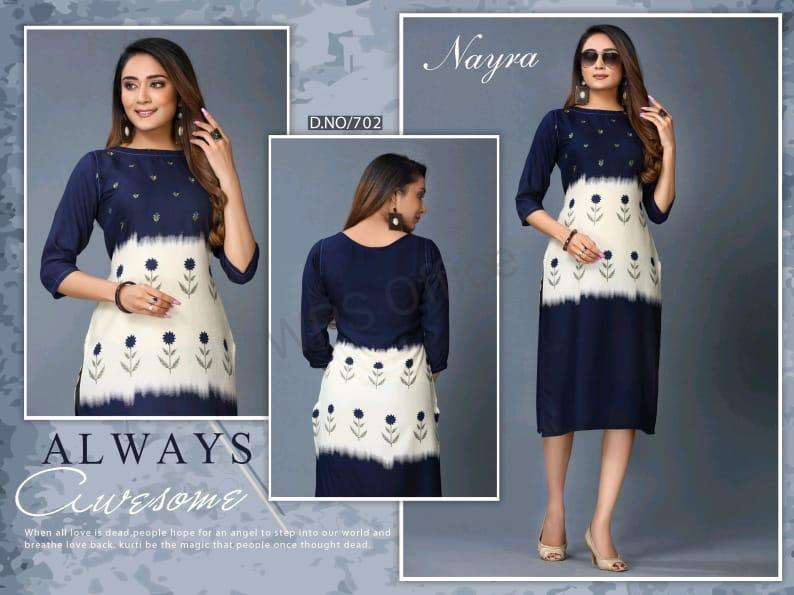DIKSHA BY NAYRA 701 TO 706 SERIES STYLISH FANCY BEAUTIFUL COLORFUL CASUAL WEAR & ETHNIC WEAR RAYON HANDWORK KURTIS AT WHOLESALE PRICE