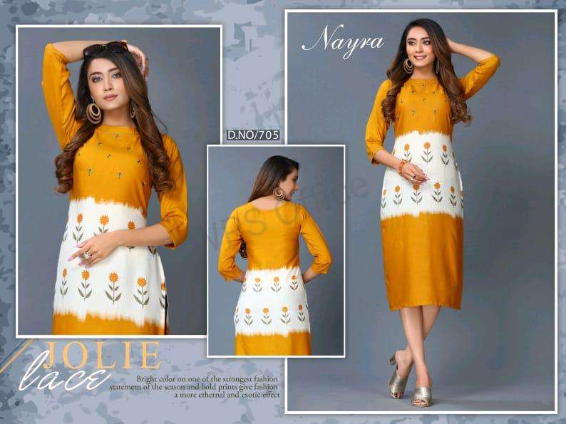 DIKSHA BY NAYRA 701 TO 706 SERIES STYLISH FANCY BEAUTIFUL COLORFUL CASUAL WEAR & ETHNIC WEAR RAYON HANDWORK KURTIS AT WHOLESALE PRICE