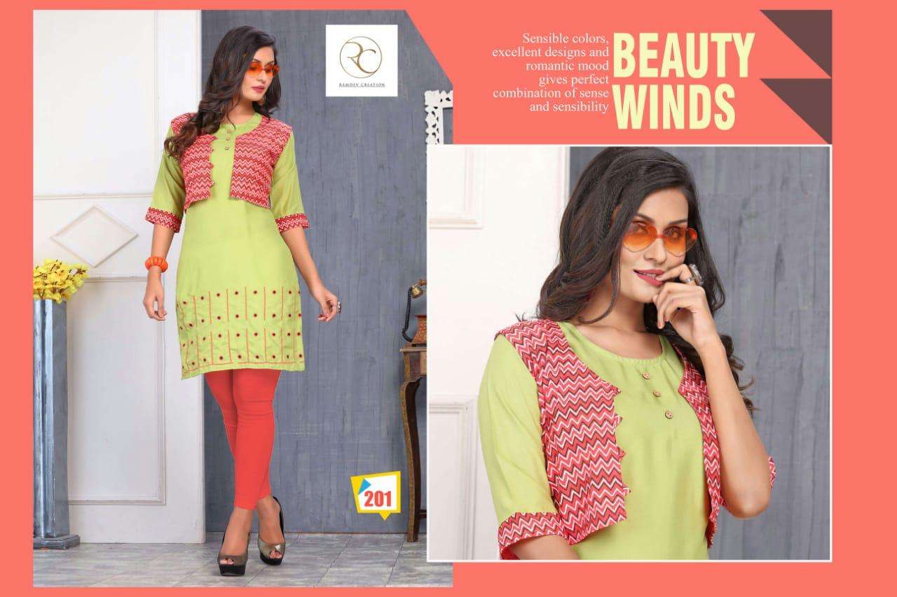 KISSMISS BY RC 201 TO 208 SERIES STYLISH FANCY BEAUTIFUL COLORFUL CASUAL WEAR & ETHNIC WEAR RAYON EMBROIDERED KURTIS AT WHOLESALE PRICE