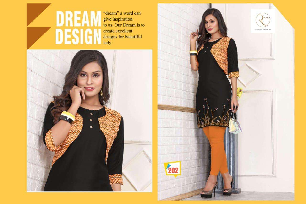 KISSMISS BY RC 201 TO 208 SERIES STYLISH FANCY BEAUTIFUL COLORFUL CASUAL WEAR & ETHNIC WEAR RAYON EMBROIDERED KURTIS AT WHOLESALE PRICE