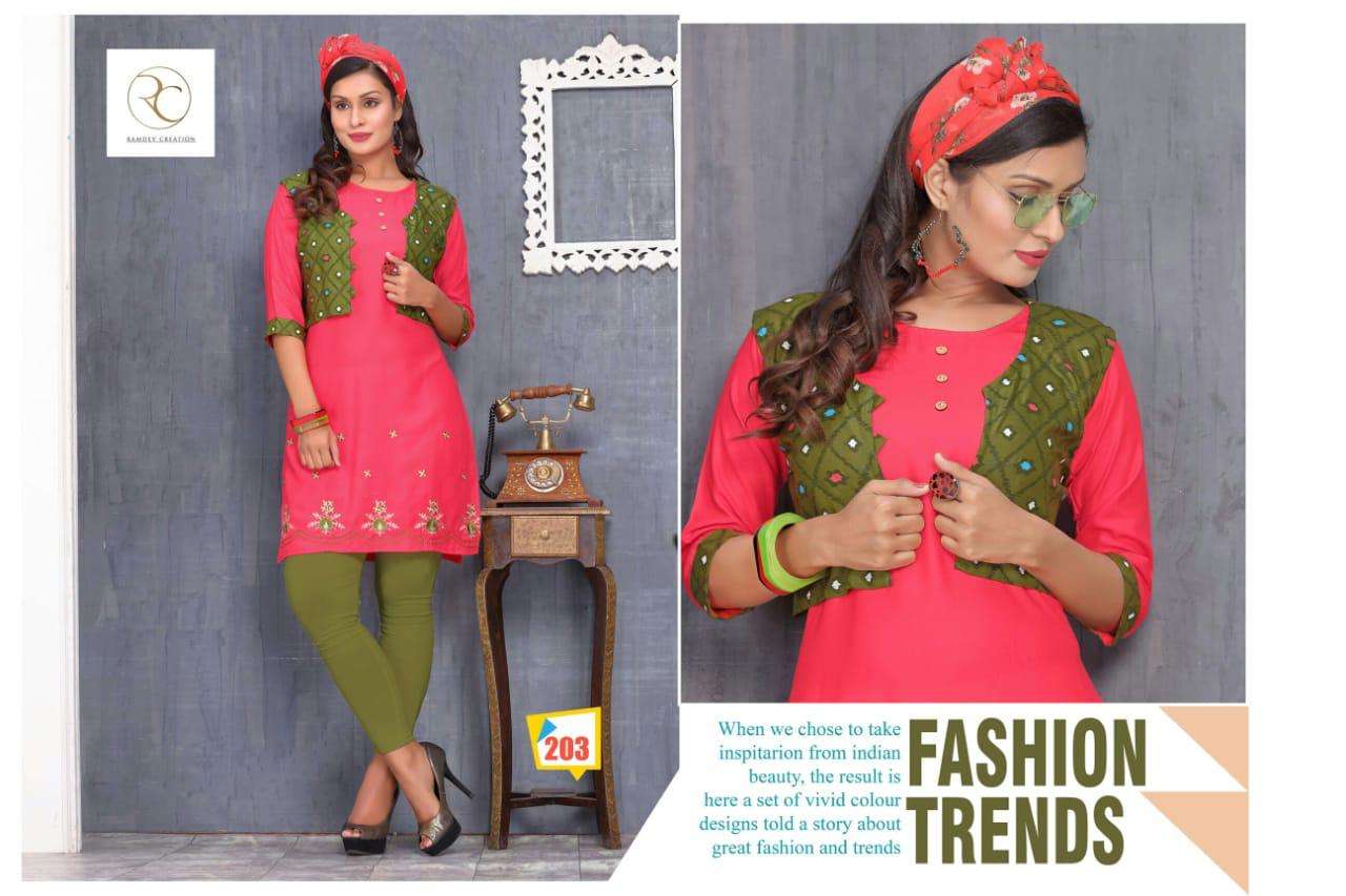 KISSMISS BY RC 201 TO 208 SERIES STYLISH FANCY BEAUTIFUL COLORFUL CASUAL WEAR & ETHNIC WEAR RAYON EMBROIDERED KURTIS AT WHOLESALE PRICE