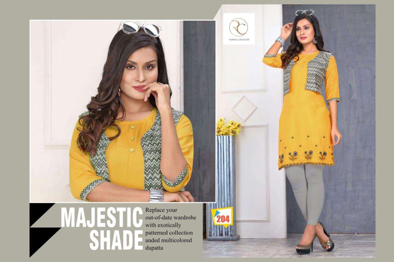 KISSMISS BY RC 201 TO 208 SERIES STYLISH FANCY BEAUTIFUL COLORFUL CASUAL WEAR & ETHNIC WEAR RAYON EMBROIDERED KURTIS AT WHOLESALE PRICE