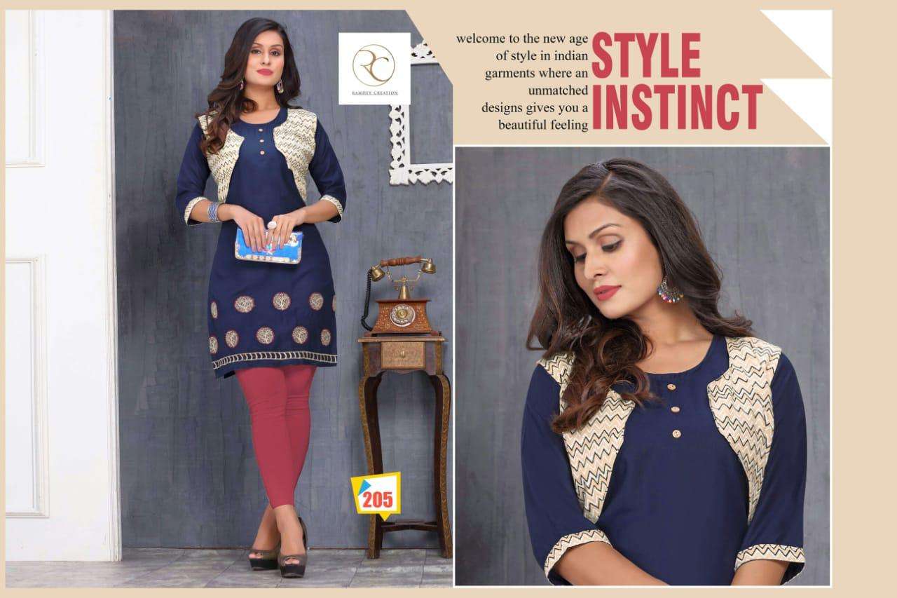 KISSMISS BY RC 201 TO 208 SERIES STYLISH FANCY BEAUTIFUL COLORFUL CASUAL WEAR & ETHNIC WEAR RAYON EMBROIDERED KURTIS AT WHOLESALE PRICE