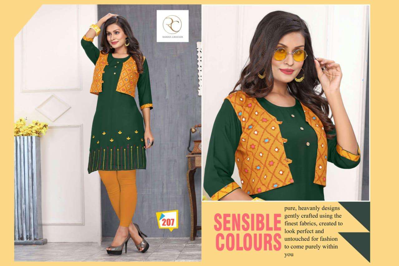 KISSMISS BY RC 201 TO 208 SERIES STYLISH FANCY BEAUTIFUL COLORFUL CASUAL WEAR & ETHNIC WEAR RAYON EMBROIDERED KURTIS AT WHOLESALE PRICE