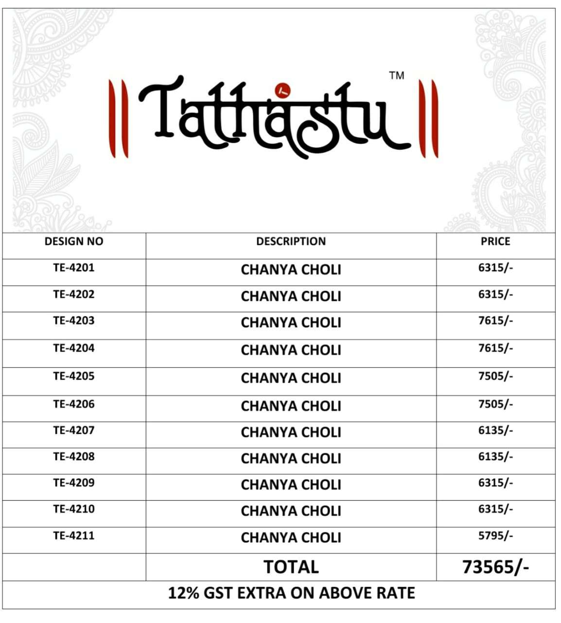 TATHASTU 4200 SERIES BY TATHASTU 4201 TO 4211 SERIES DESIGNER BEAUTIFUL NAVRATRI COLLECTION OCCASIONAL WEAR & PARTY WEAR FANCY LEHENGAS AT WHOLESALE PRICE
