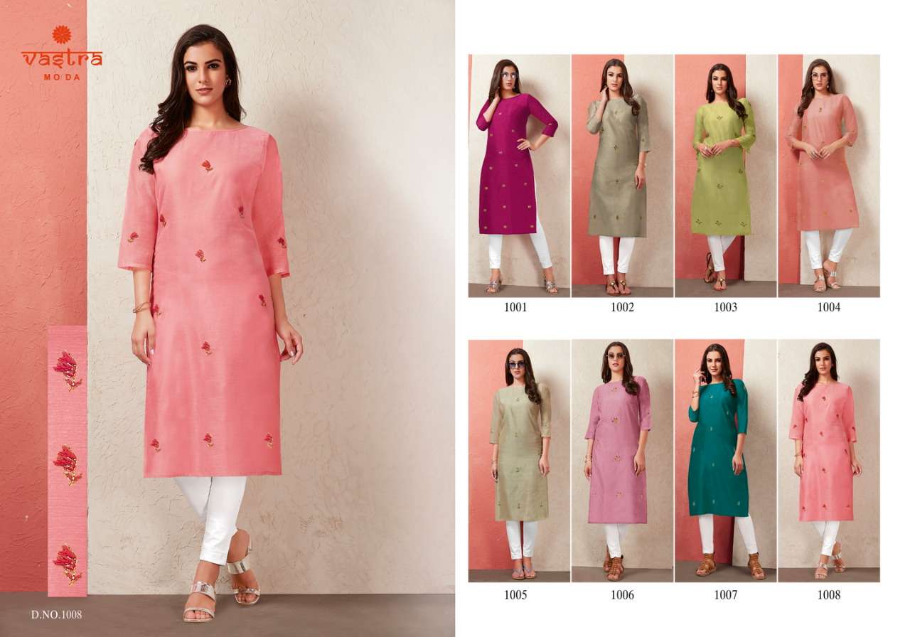 FLORET VOL-1 BY VASTRA MODA 1001 TO 1008 SERIES STYLISH FANCY BEAUTIFUL COLORFUL CASUAL WEAR & ETHNIC WEAR PREMIUM CHANDERI KURTIS AT WHOLESALE PRICE