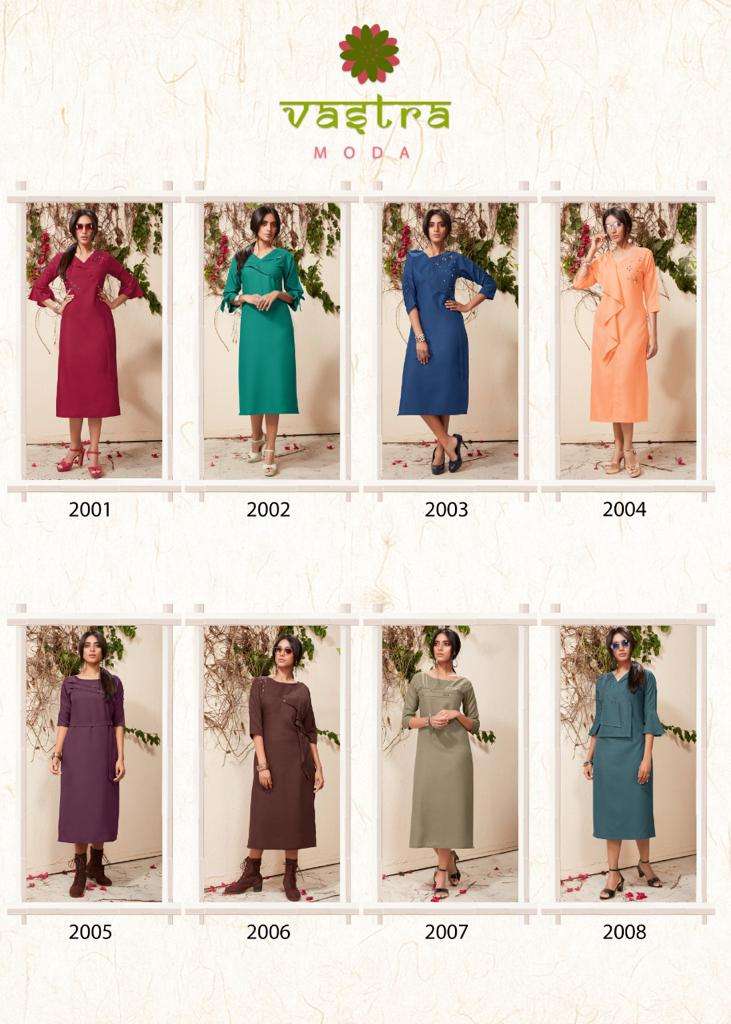 AMBER VOL-2 BY VASTRA MODA 2001 TO 2008 SERIES BEAUTIFUL STYLISH FANCY COLORFUL CASUAL WEAR & ETHNIC WEAR & READY TO WEAR PREMIUM SLUB EMBROIDERED KURTIS AT WHOLESALE PRICE