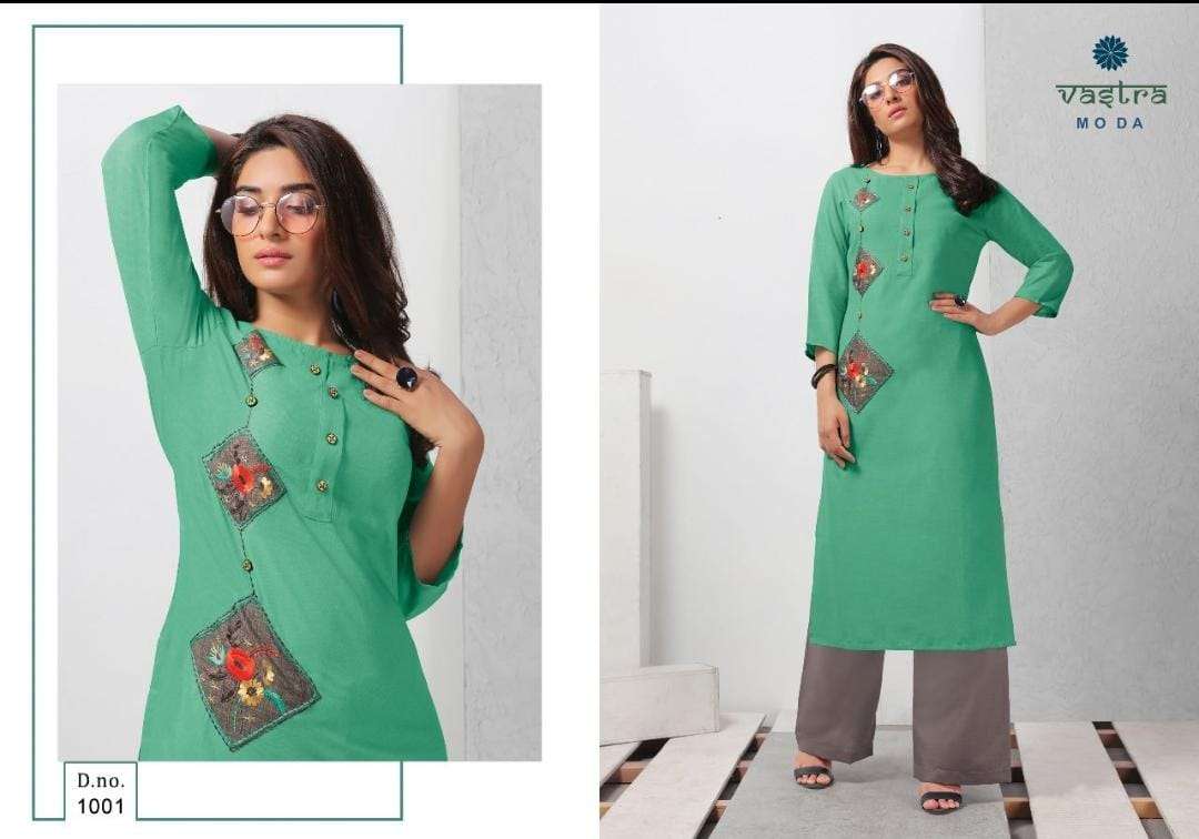 FASHION VOL-1 BY VASTRA MODA 1001 TO 1008 SERIES BEAUTIFUL STYLISH FANCY COLORFUL CASUAL WEAR & ETHNIC WEAR & READY TO WEAR PREMIUM SLUB EMBROIDERED KURTIS AT WHOLESALE PRICE