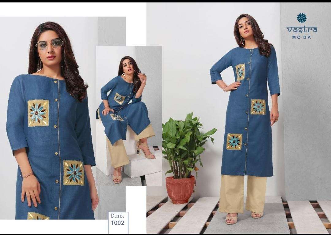 FASHION VOL-1 BY VASTRA MODA 1001 TO 1008 SERIES BEAUTIFUL STYLISH FANCY COLORFUL CASUAL WEAR & ETHNIC WEAR & READY TO WEAR PREMIUM SLUB EMBROIDERED KURTIS AT WHOLESALE PRICE